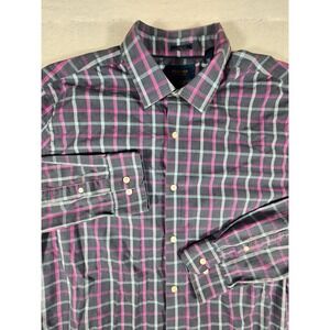 Fairlane Mens XL Tall Non-Iron Stretch Button Down Shirt Navy Pink Plaid Regular